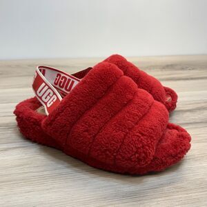UGG Fluff Yeah Comfort Slip On Slingback Slides Ribbon Red Womens Size 7 EU 38